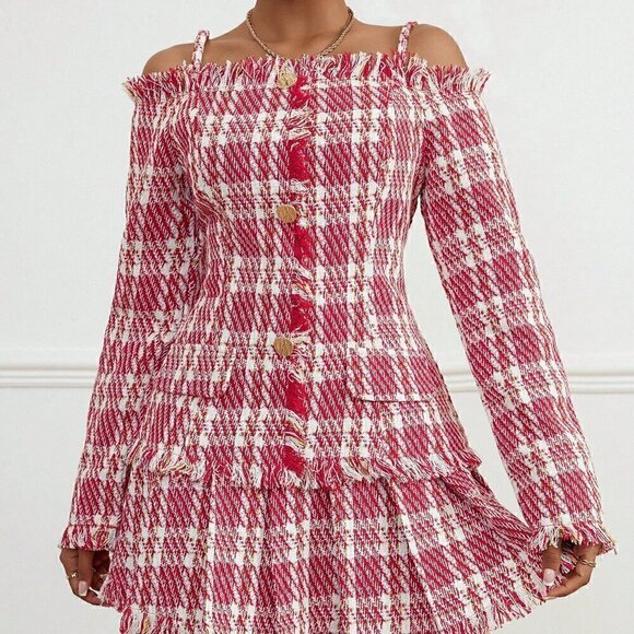 Red Elegant Women's Off-Shoulder Collar Raw Hem Detail Tweed Jacket And Skirt